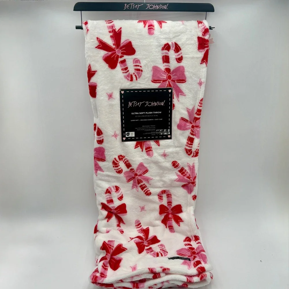 Betsey Johnson Plush Throw Christmas Blanket Candy Cane Bows‎ Soft Cozy Holiday